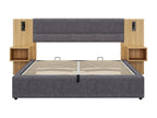 Large 180x200 cm storage bed upholstered in velvet - with USB port and LED lighting - 2 bedside tables - Grey / Natural WREH43974