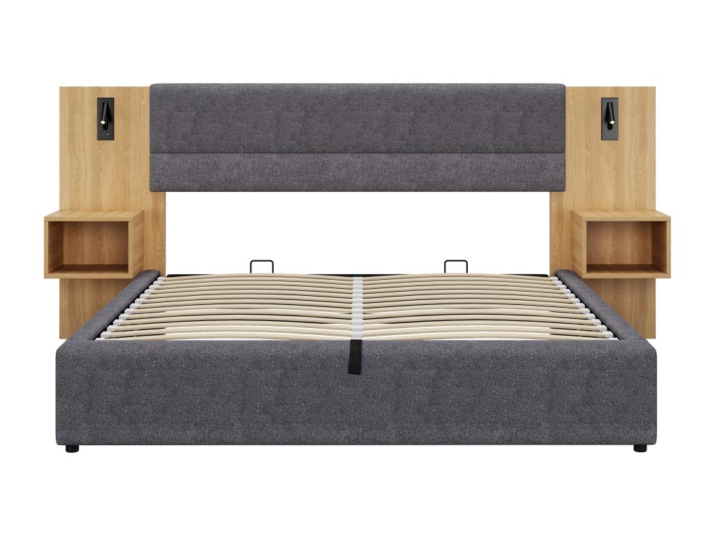 Large 180x200 cm storage bed upholstered in velvet - with USB port and LED lighting - 2 bedside tables - Grey / Natural WREH43974