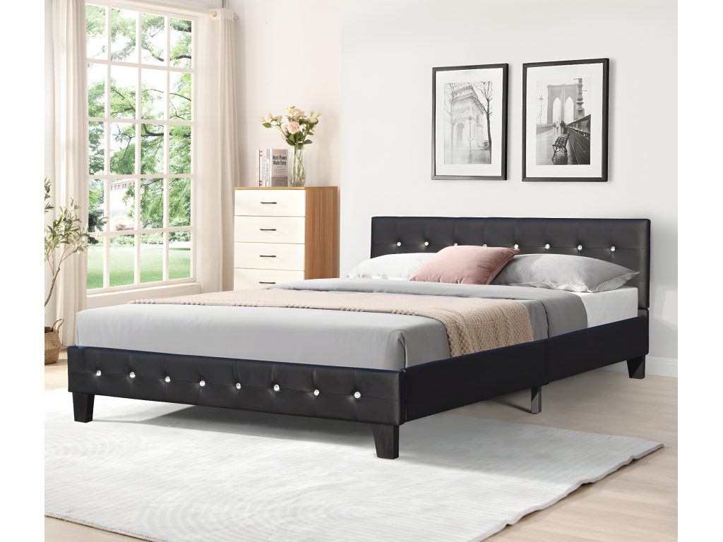 180x200 cm bed with slatted base, black upholstered headboard, 10 cm legs, 13 Lumenao XGJV77692