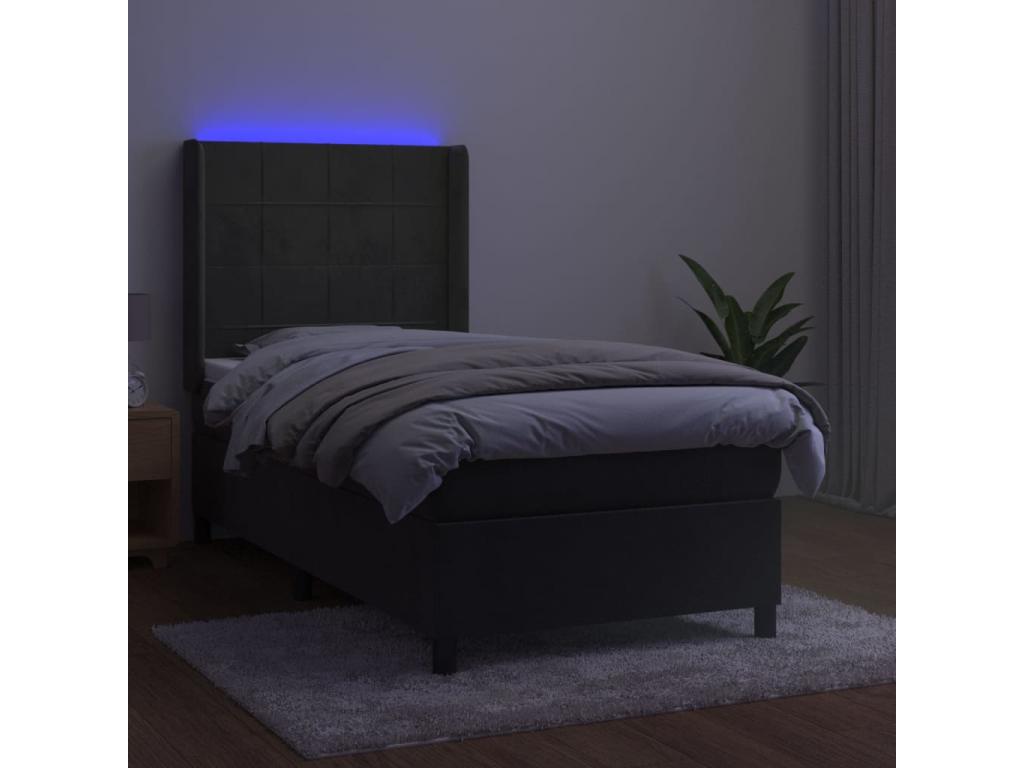 Upholstered bed base with mattress and LED lighting, Dark Grey, 100x200 cm, Velvet, IKYA16275