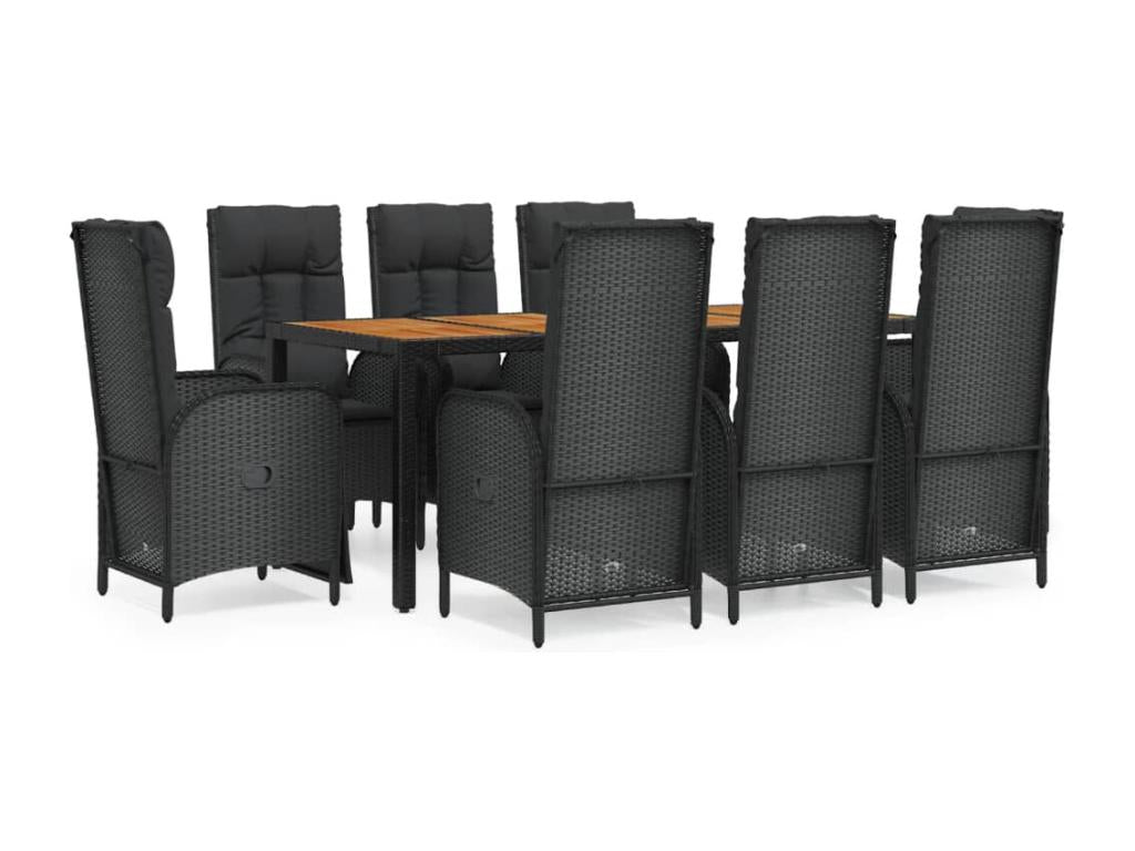 9-piece garden dining set and cushions, black woven resin MDFY91408