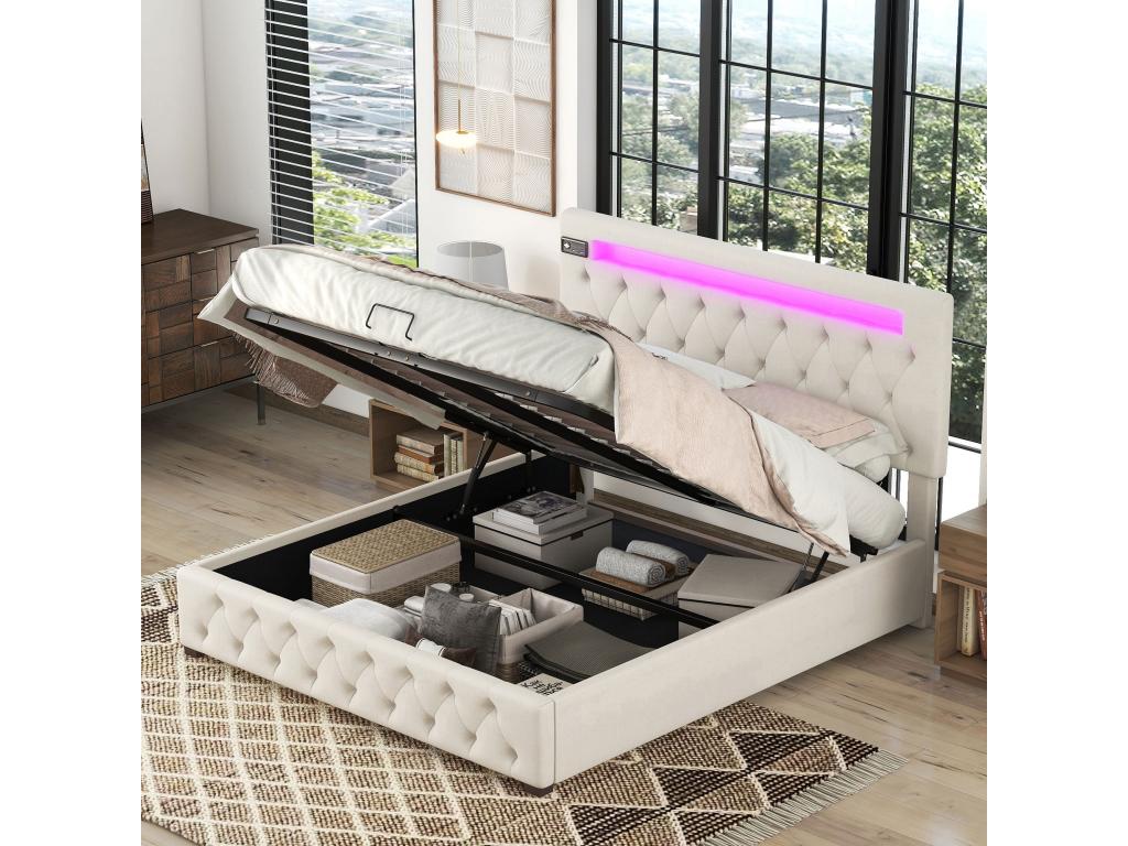 140x200cm Storage Bed - with USB Charger and Bluetooth Player - Beige - Zensova FGSU74520