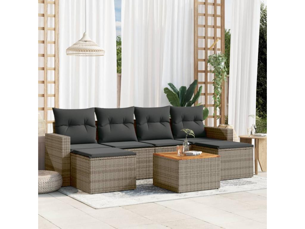 Garden furniture set with cushions, 7 pieces, grey woven resin, TYQR43591