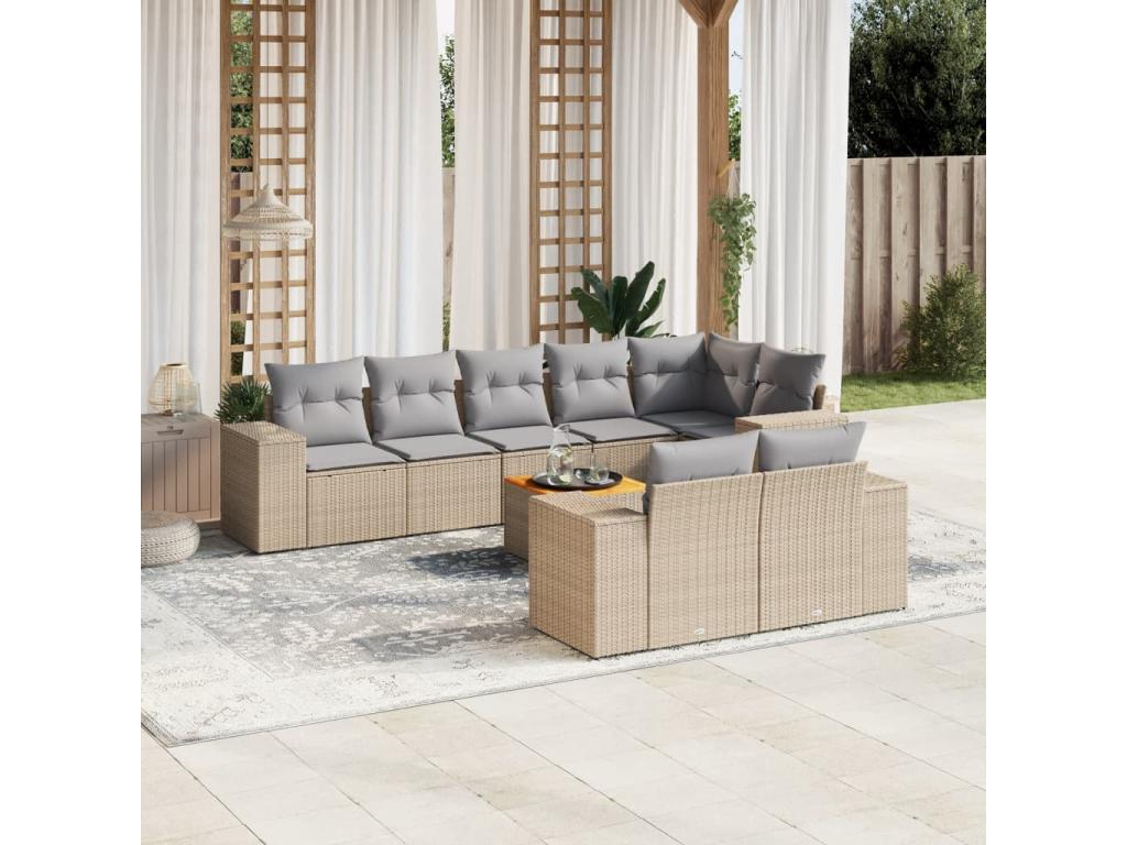 9-piece beige woven resin garden furniture set with cushions NAND00383