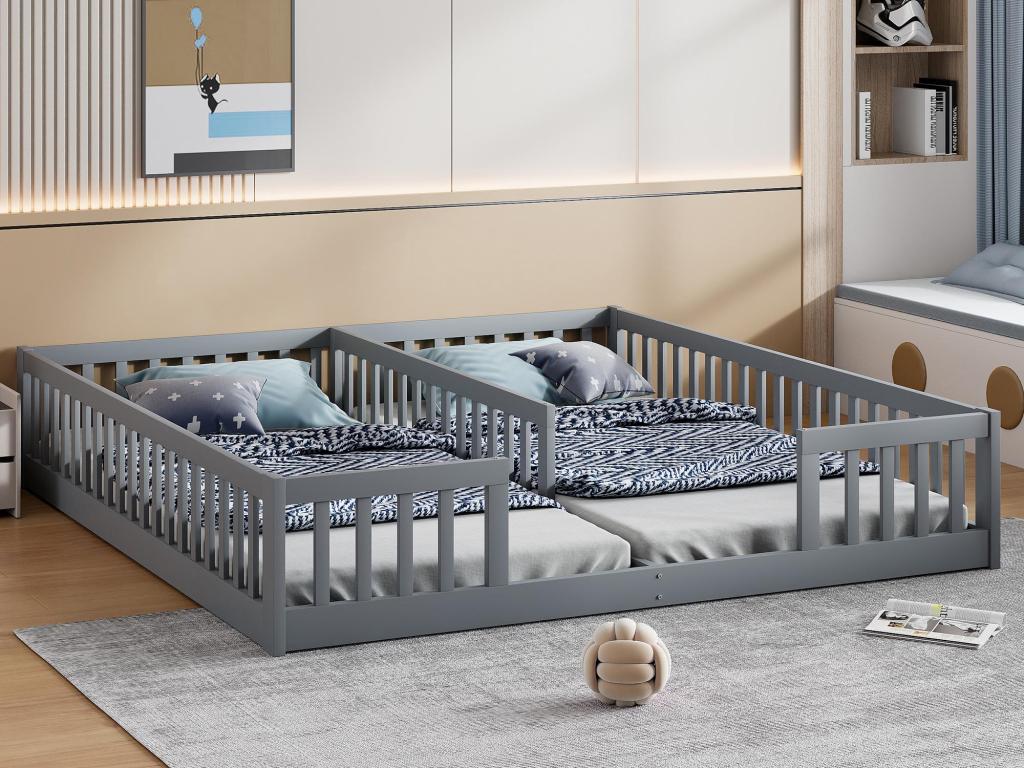 Children's bed 2x90x200cm in solid wood - with guardrails - without slatted base by Lumenao - Grey VSUA32437