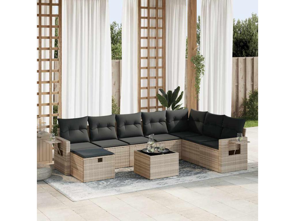 9-piece garden furniture set with light grey cushions, woven resin ROLV88700