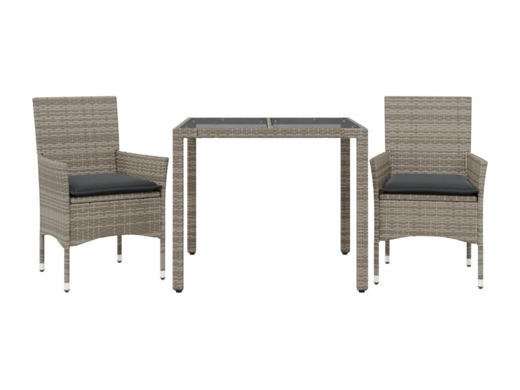 3-piece garden dining set with cushions, grey rattan and glass, NZPG28457