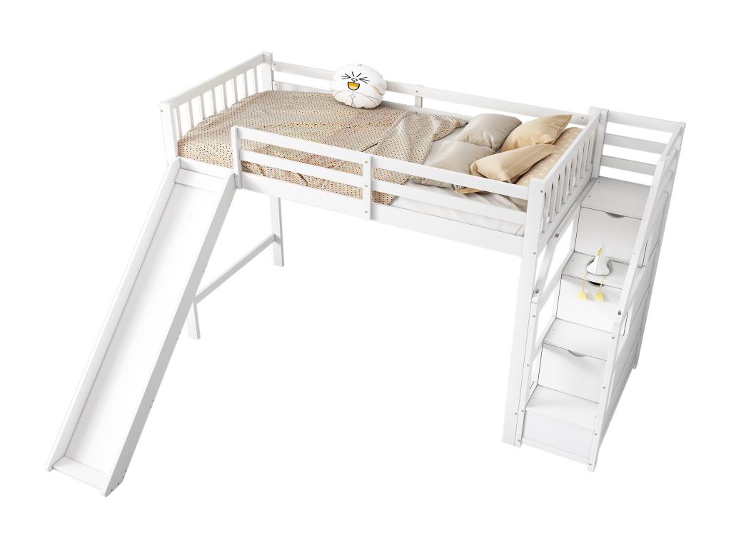 90x200cm pine wood loft bed - with slide and storage ladder - White LCDI00967