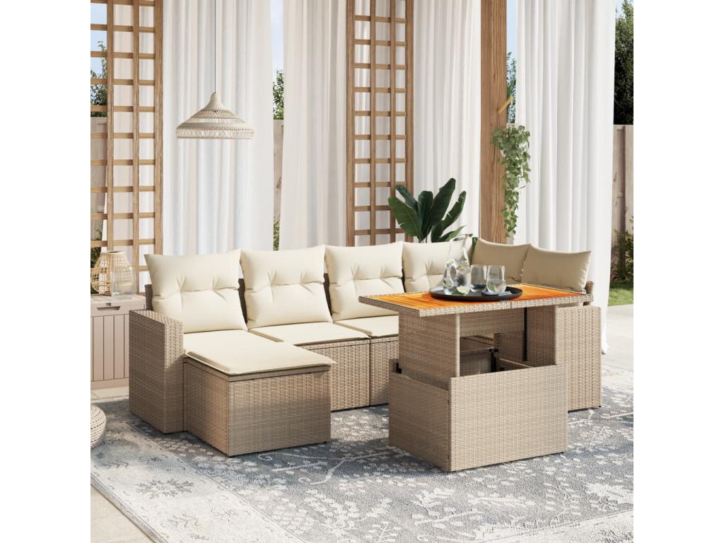 7-piece garden furniture set with cushions, beige woven resin, IDQP41303