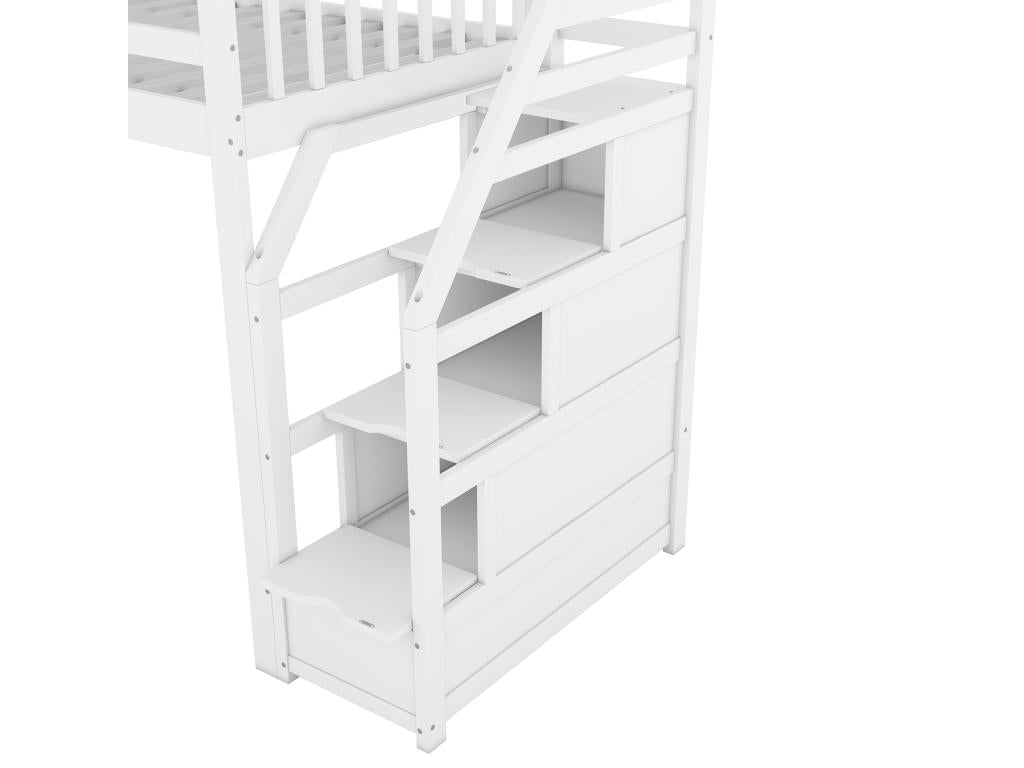 90x200cm pine wood loft bed - with slide and storage ladder - White LCDI00967