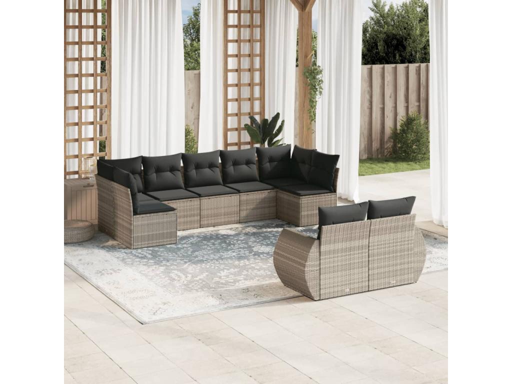 9-piece garden furniture set with light grey cushions, woven resin VVCI67497