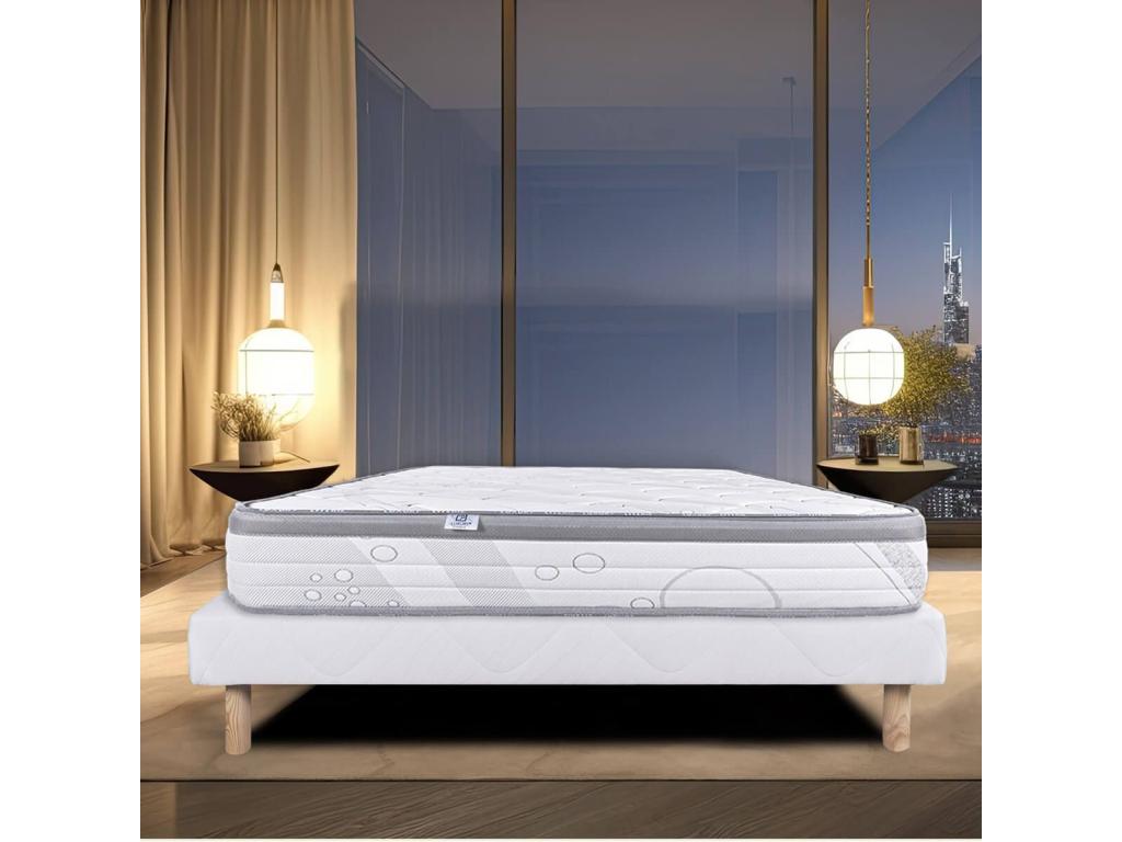 Lumenao - Spring Mattress Set, 26cm Thick, Upholstered Bed Base, White, 160x200 cm EBCP07097
