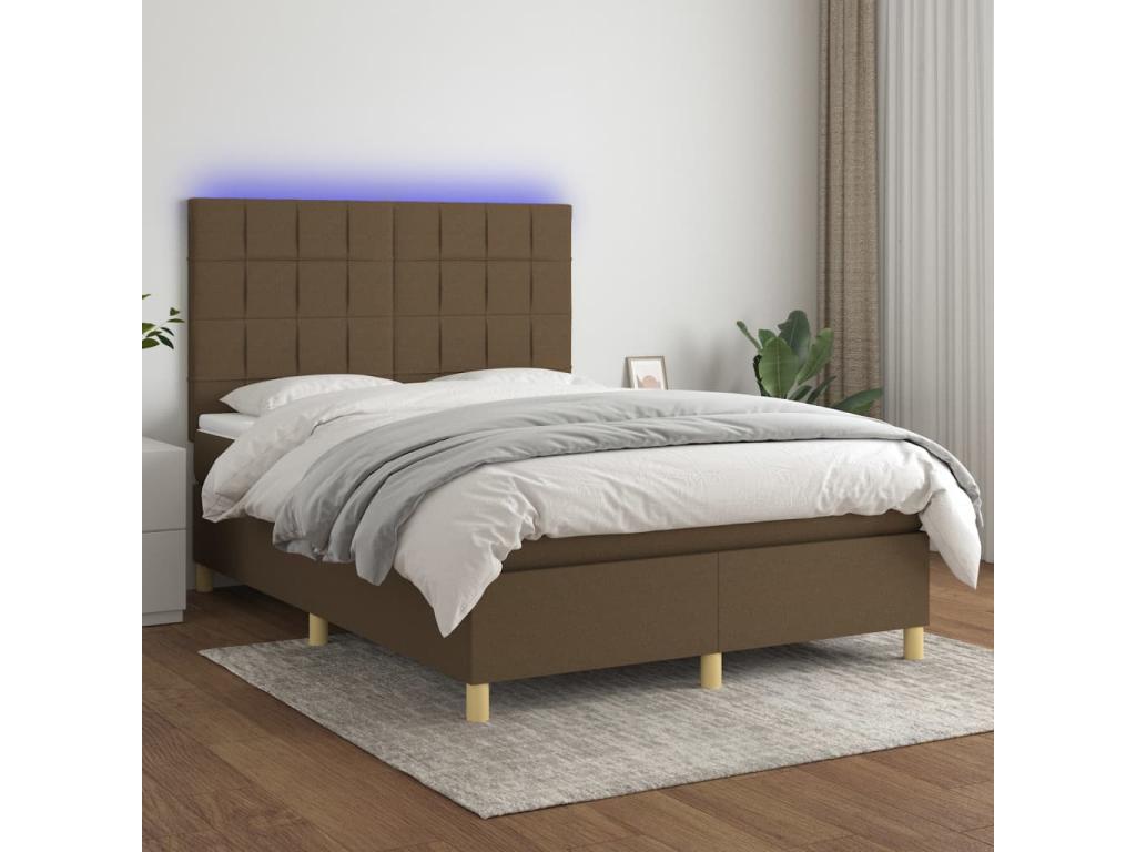 Upholstered bed base with mattress and LED lighting, Dark Brown, 140x190 cm, Fabric UAXO41295