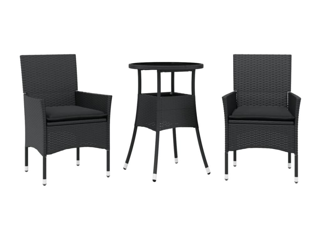 3-piece black rattan and glass garden dining set with cushions IMGD92545