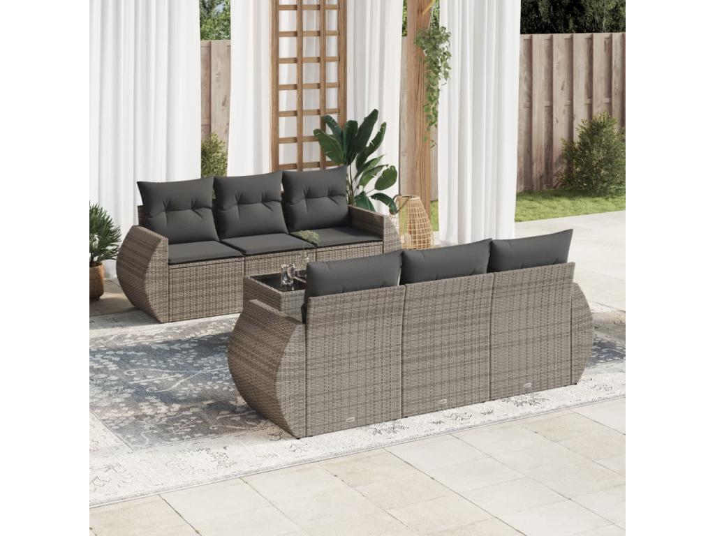 Garden furniture set with cushions, 7 pieces, grey woven resin XADC07191