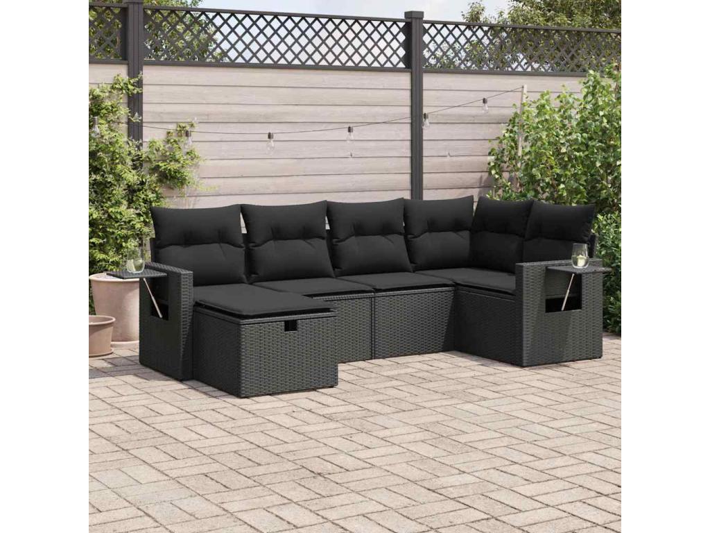 6-piece garden furniture set with cushions, black resin wicker QHQB76507