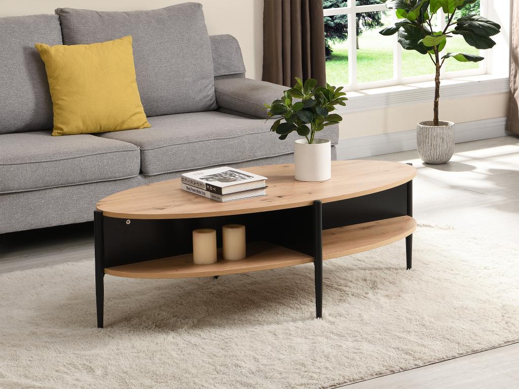 Oval coffee table with 4 niches in MDF and metal - Light natural and black - Lumenao OFMQ11862