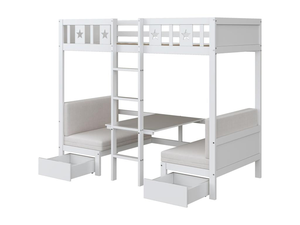 Bunk bed 90x200cm - 2-in-1 self-upholstered bed-desk with 2 drawers and ladder - wooden children's bed - white KBMF51941