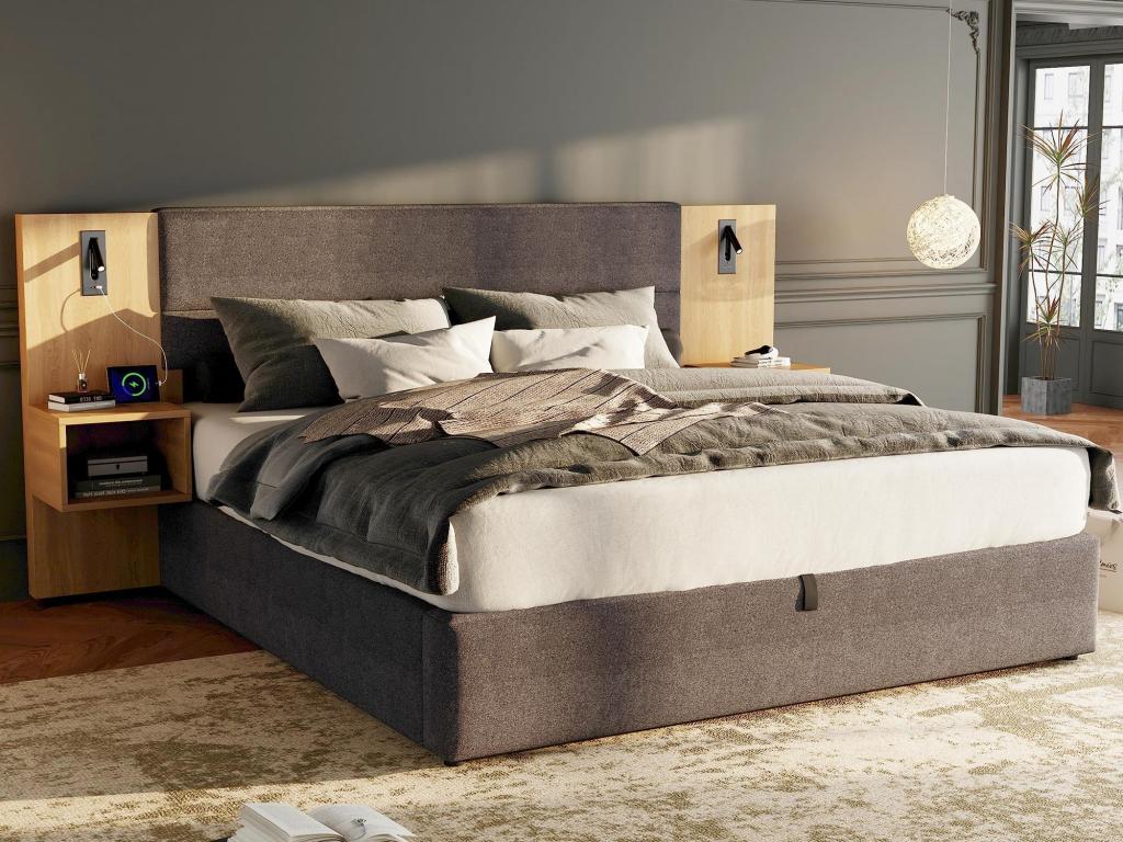 Large 180x200 cm storage bed upholstered in velvet - with USB port and LED lighting - 2 bedside tables - Grey / Natural WREH43974