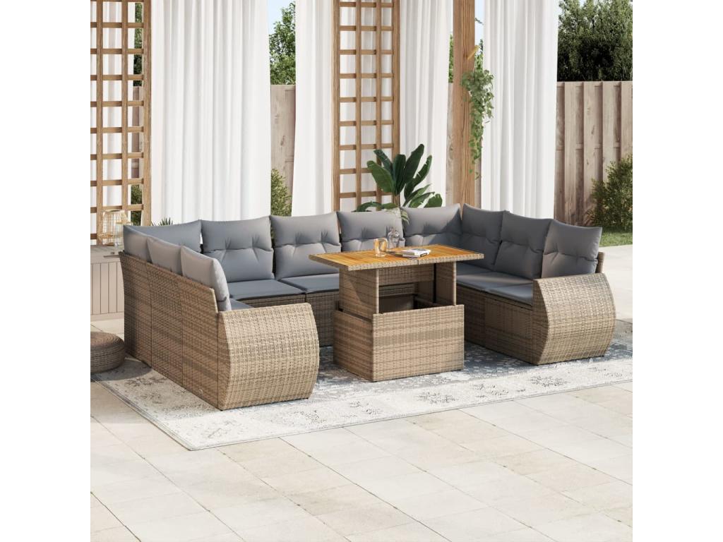 Garden furniture set with cushions, 10 pieces, beige woven resin HCMV64738