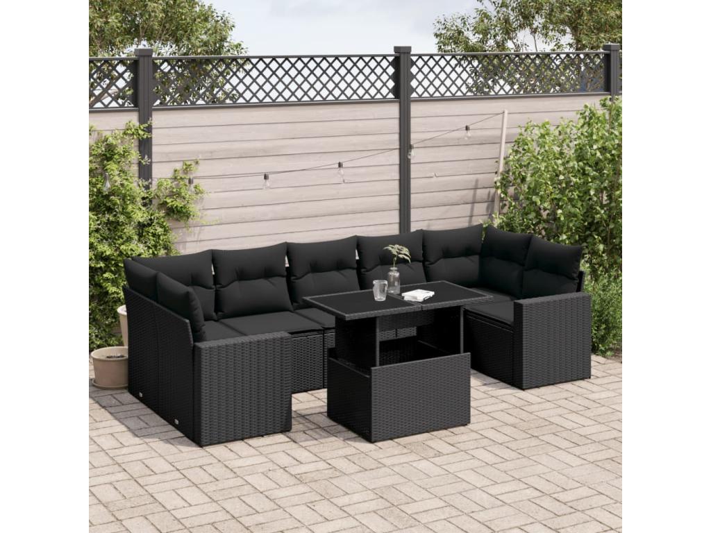 8-piece garden furniture set with cushions, black woven resin CGCZ48484