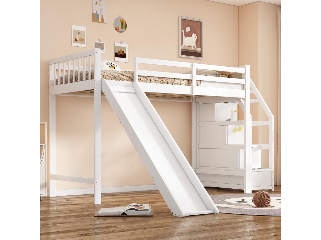90x200cm pine wood loft bed - with slide and storage ladder - White LCDI00967