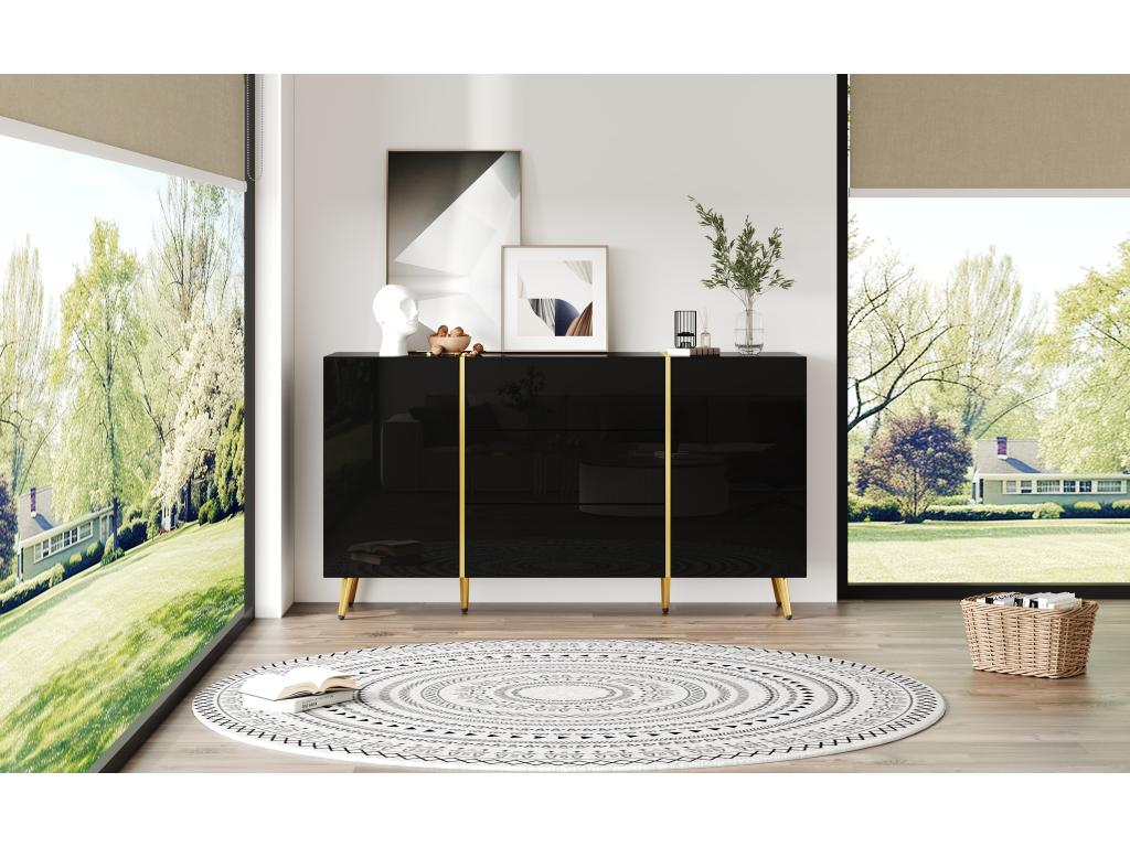 Sideboard with 2 doors and 3 drawers - 140x40x76 cm - Particleboard and gold legs - Glossy white VINV23777
