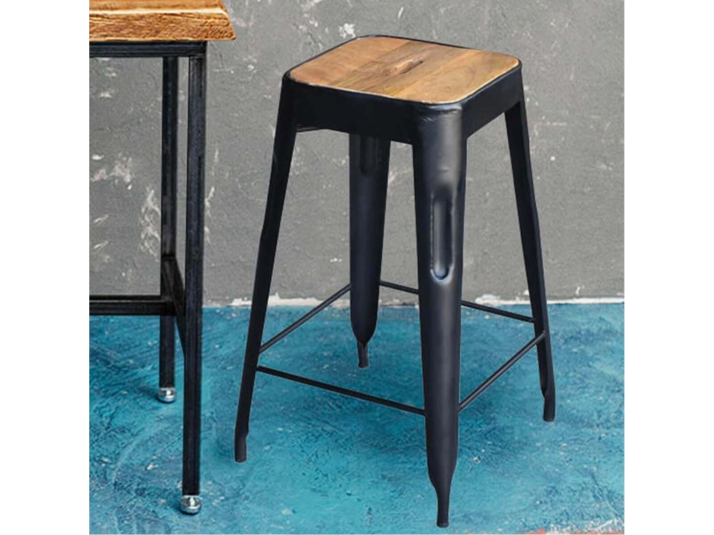 Lumenao - Set of 6 Industrial Stools in Wood and Steel, 64cm High, PDDD22056