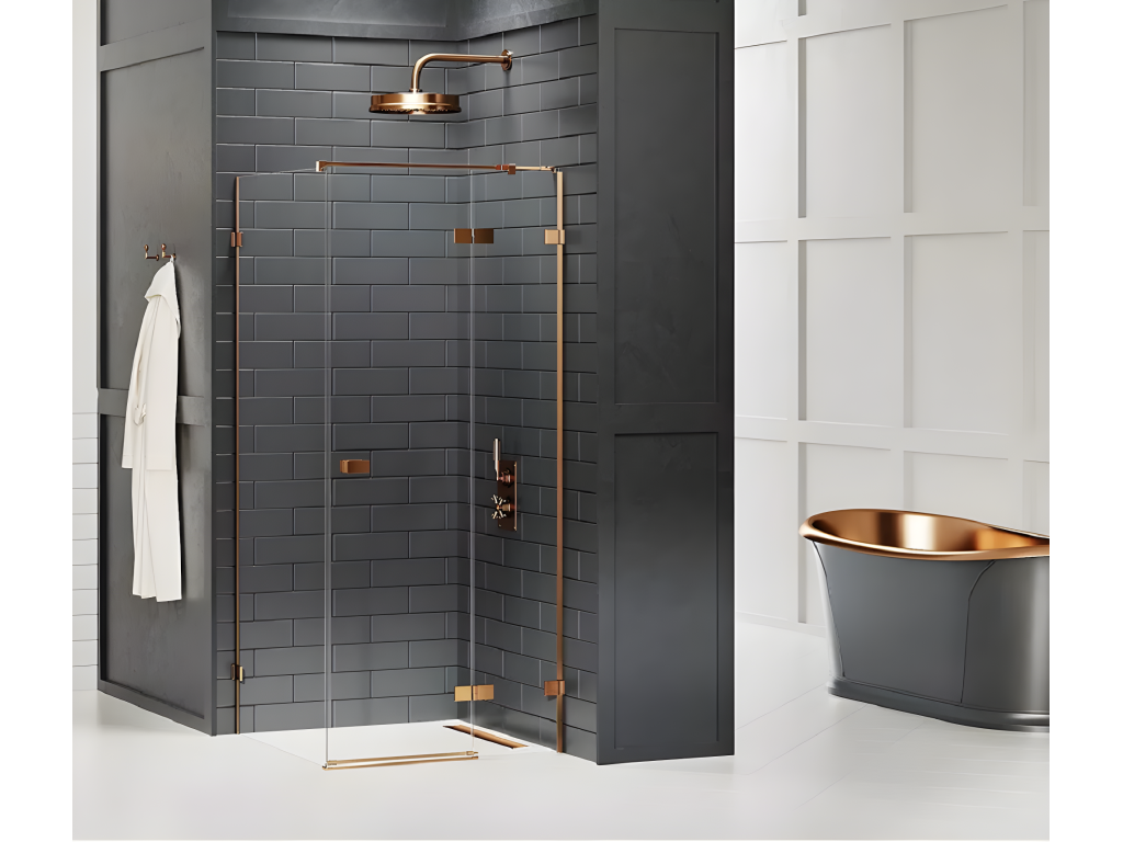 Lumenao 80x70cm Brushed Copper Shower Enclosure, Right-Hand Pivoting, Front Access, GLWY61690