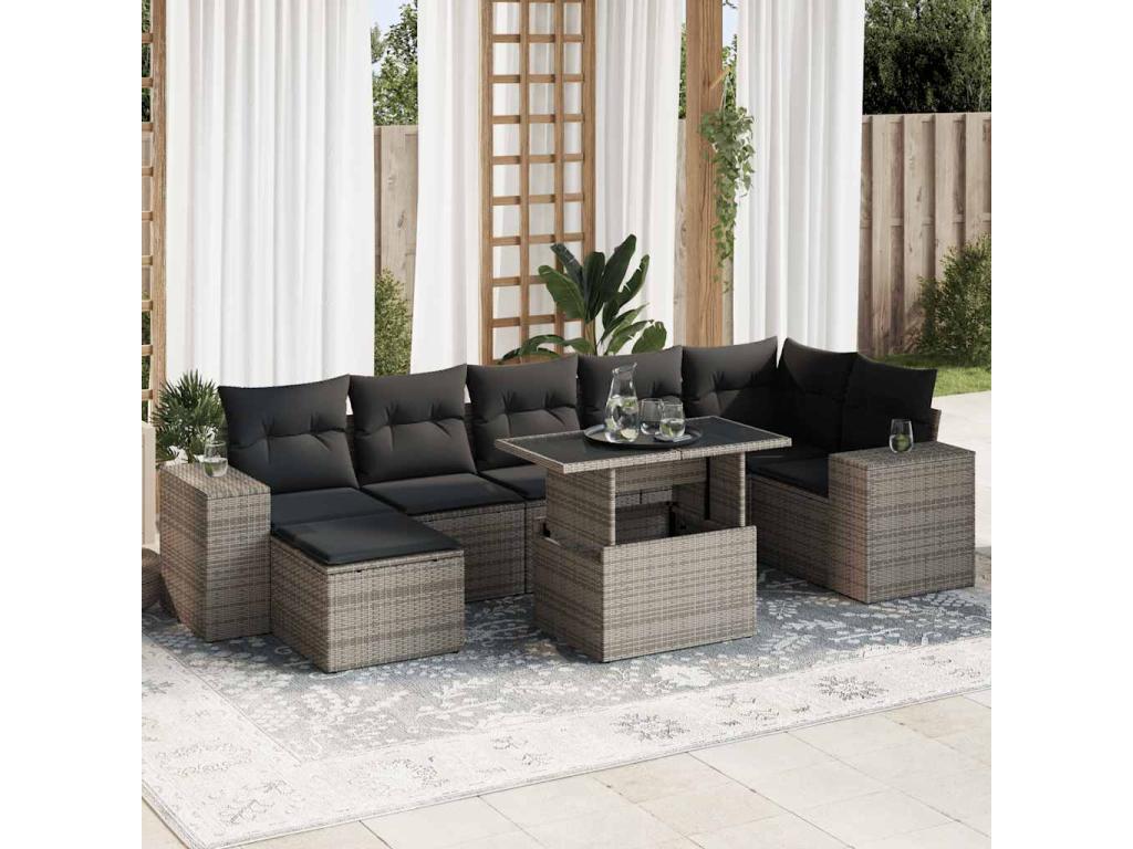 8-piece garden furniture set with grey resin wicker cushions CFAS72288