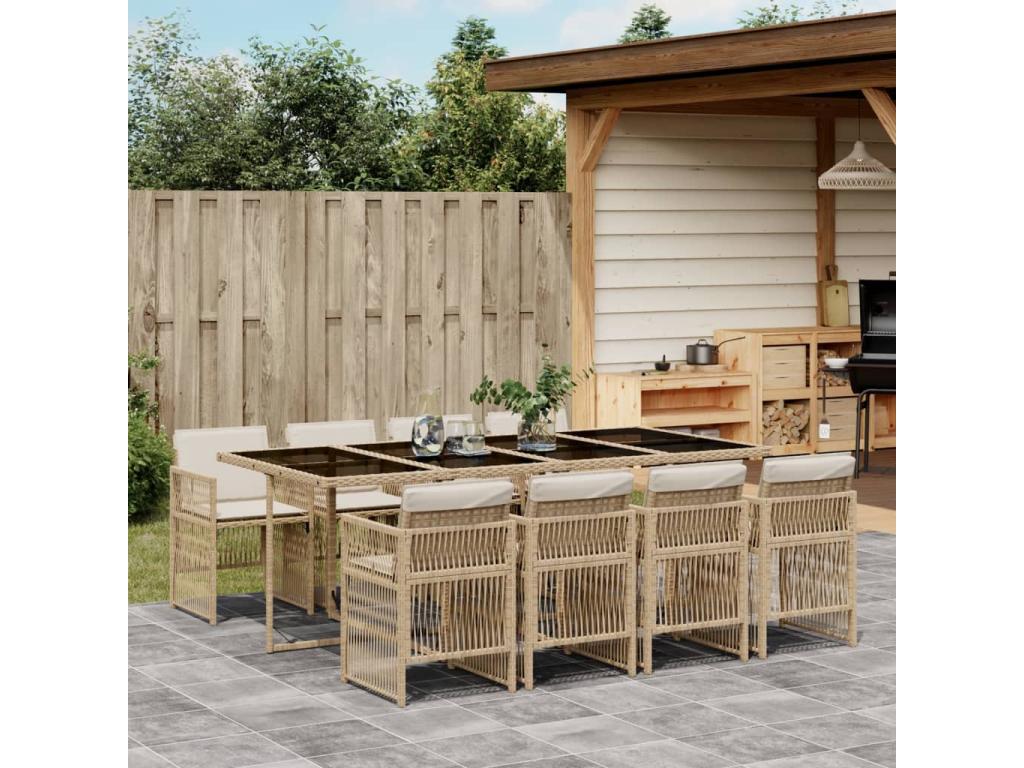 9-piece beige poly rattan garden dining set and cushions GSBF33667