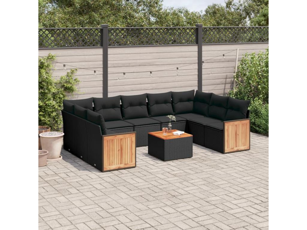 10-piece garden furniture set with cushions, black resin wicker QCTB88293