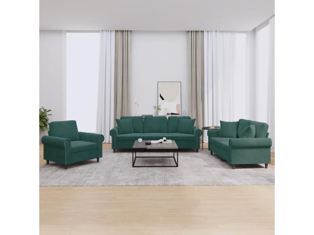 3-piece sofa set with dark green velvet cushions IEVD65492