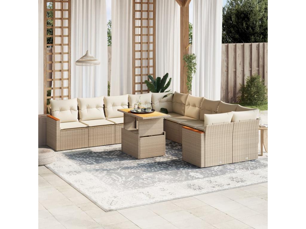 11-piece garden furniture set with beige cushions, woven resin KUME82224