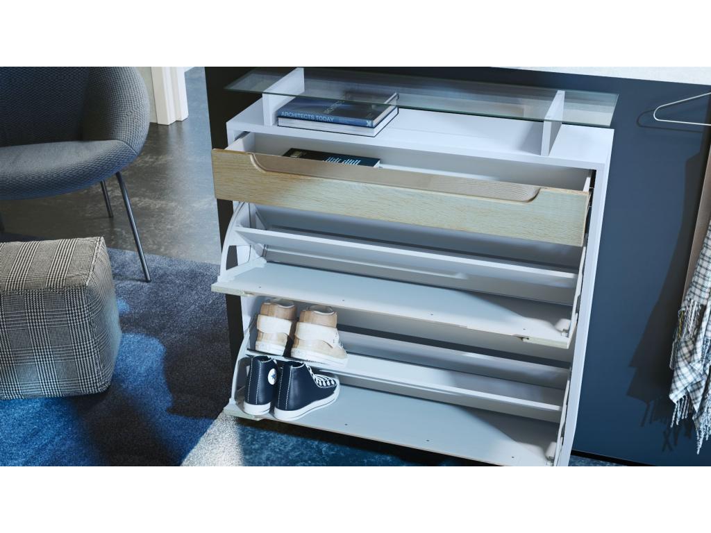 High-gloss matte white shoe cabinet with black lacquered handles, 89x104x23 cm, LIRD34212