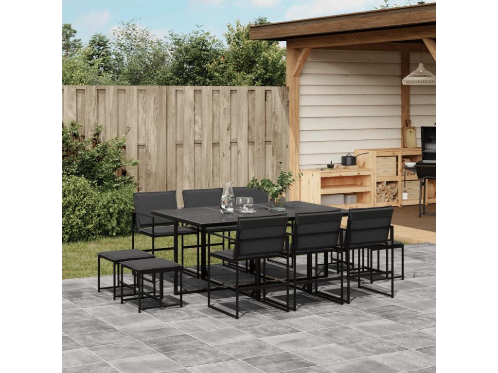 11-piece garden dining set with cushions, black textilene LLDB39670