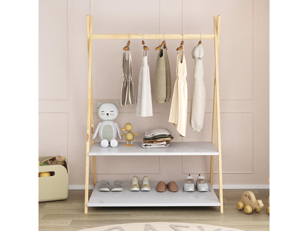 Lumenao children's wardrobe with clothes rail and two designer shelves in solid wood, natural/white color VEEH95501