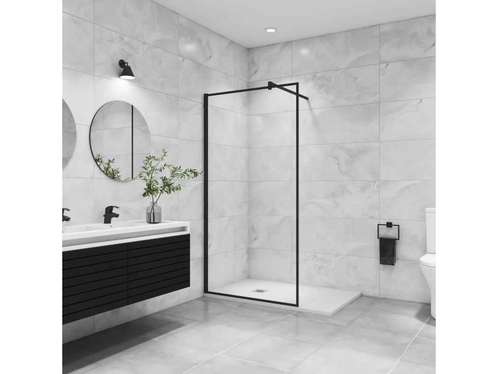 Black walk-in shower enclosure 120x200cm with black 90cm square support bar in 8mm tempered anti-limescale glass WJHG21432
