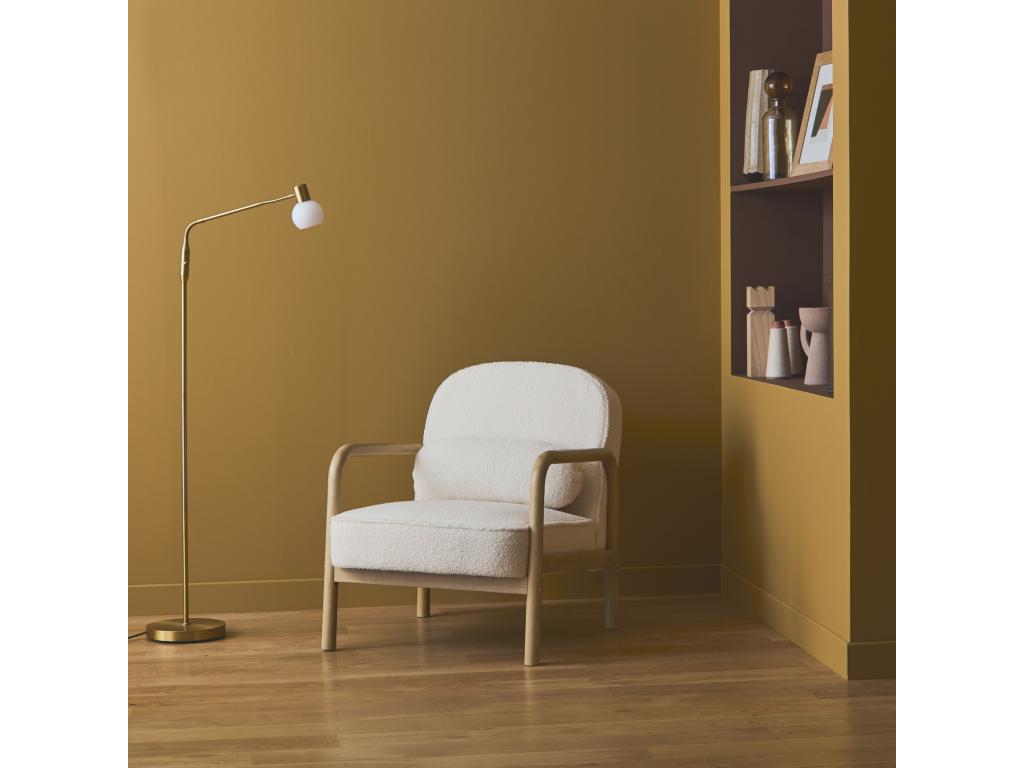 Scandinavian armchair in rubberwood with a rounded backrest in white bouclé fabric - Lumenao ALAD40254