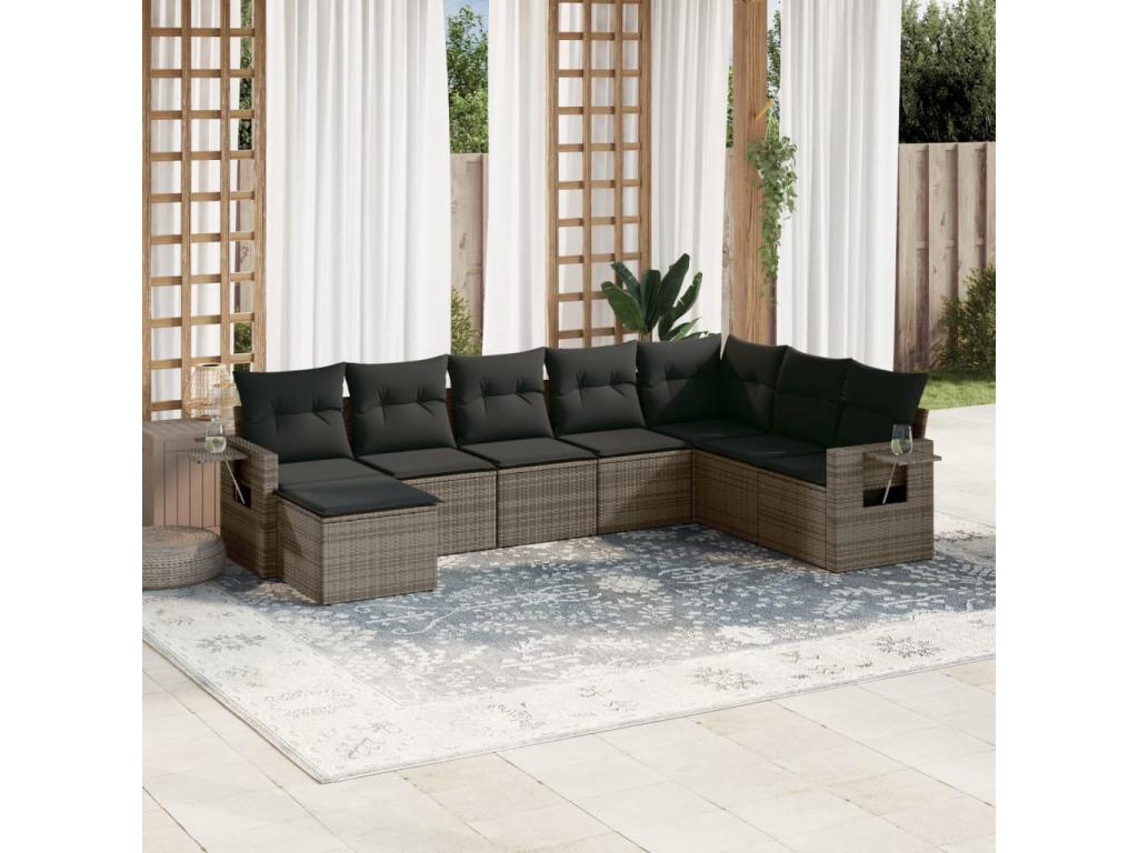 8-piece garden furniture set with grey resin wicker cushions PLOI10538