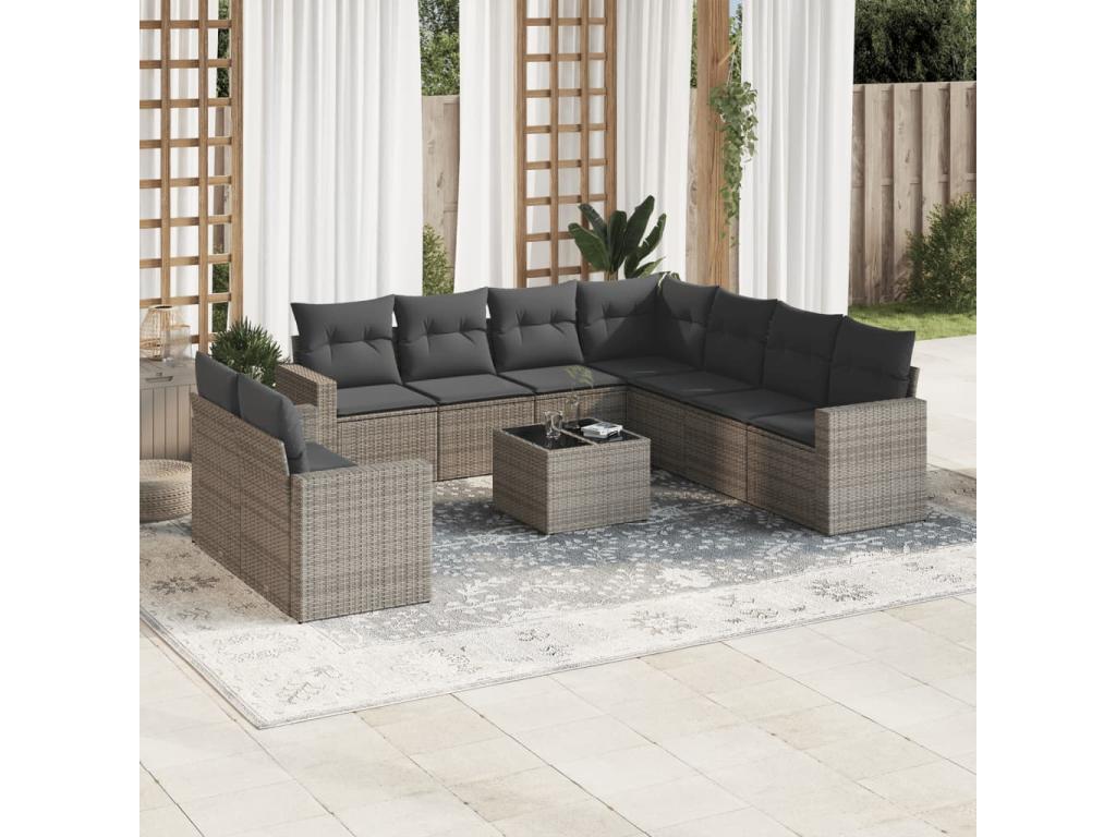 10-piece garden furniture set with cushions, grey woven resin BCNS11248