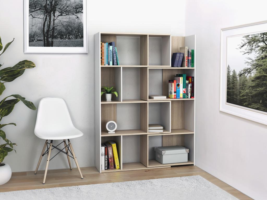 Modular corner bookcase - 8 to 12 niches - Natural and White - Zensova TOPX03515