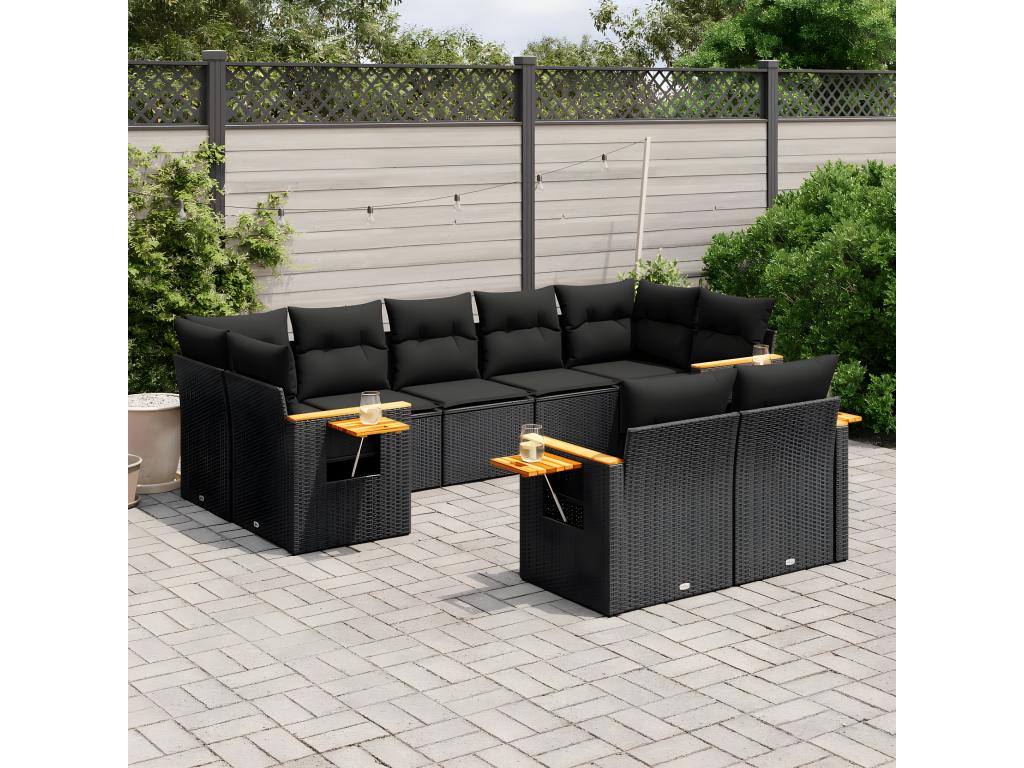 9-piece garden furniture set with cushions, black resin wicker HWEM74706