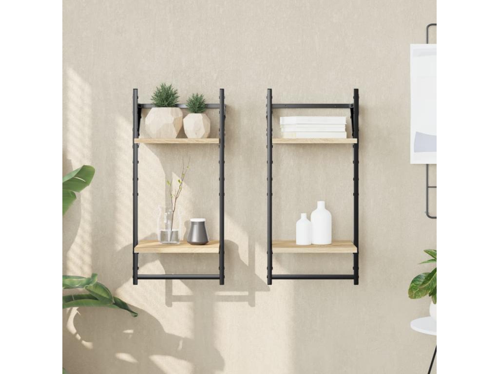 Zensova VUVW89215 2-Tier Wall Shelves with Bars, Oak, 2 pcs