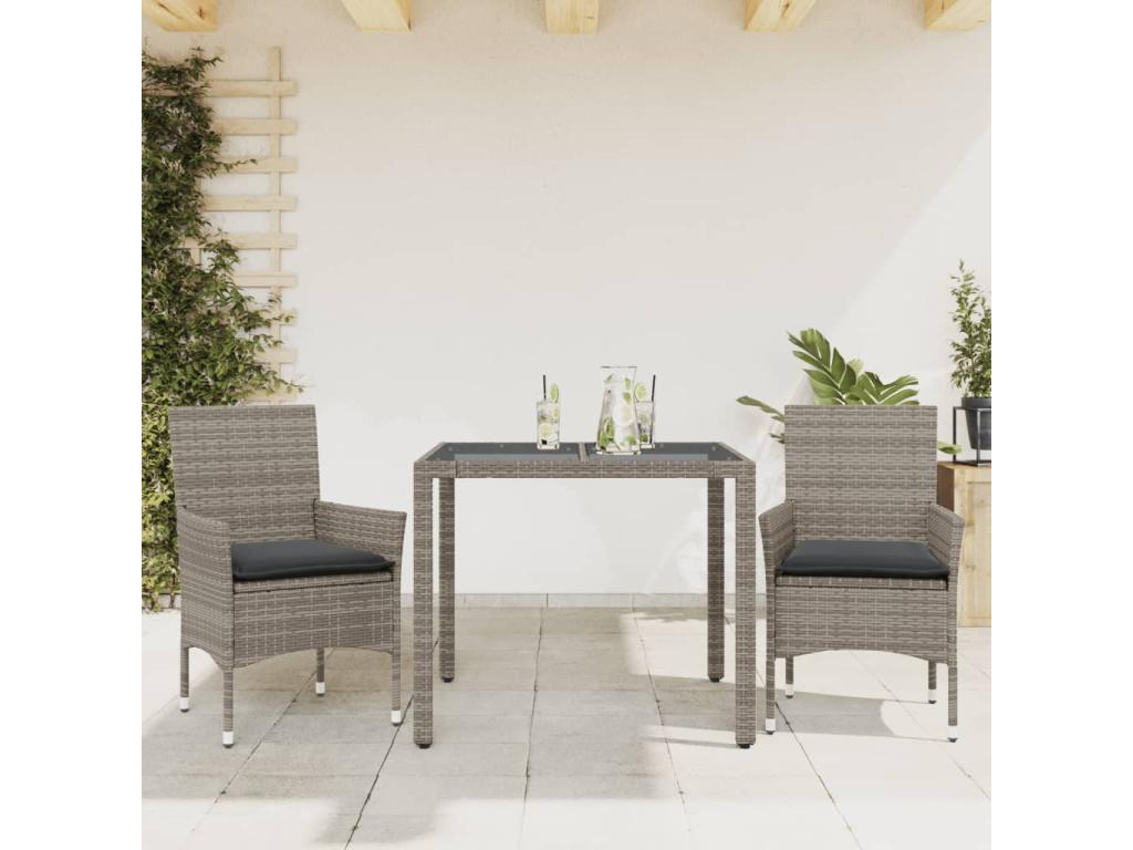 3-piece garden dining set with cushions, grey rattan and glass, NZPG28457