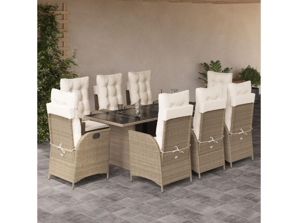 9-piece beige poly rattan garden dining set and cushions ZIYC03558