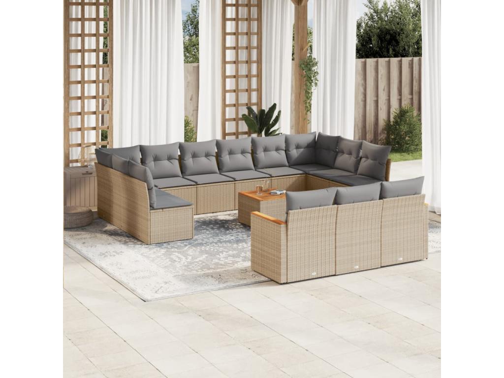 14-piece garden furniture set with cushions, beige woven resin KNRN79192