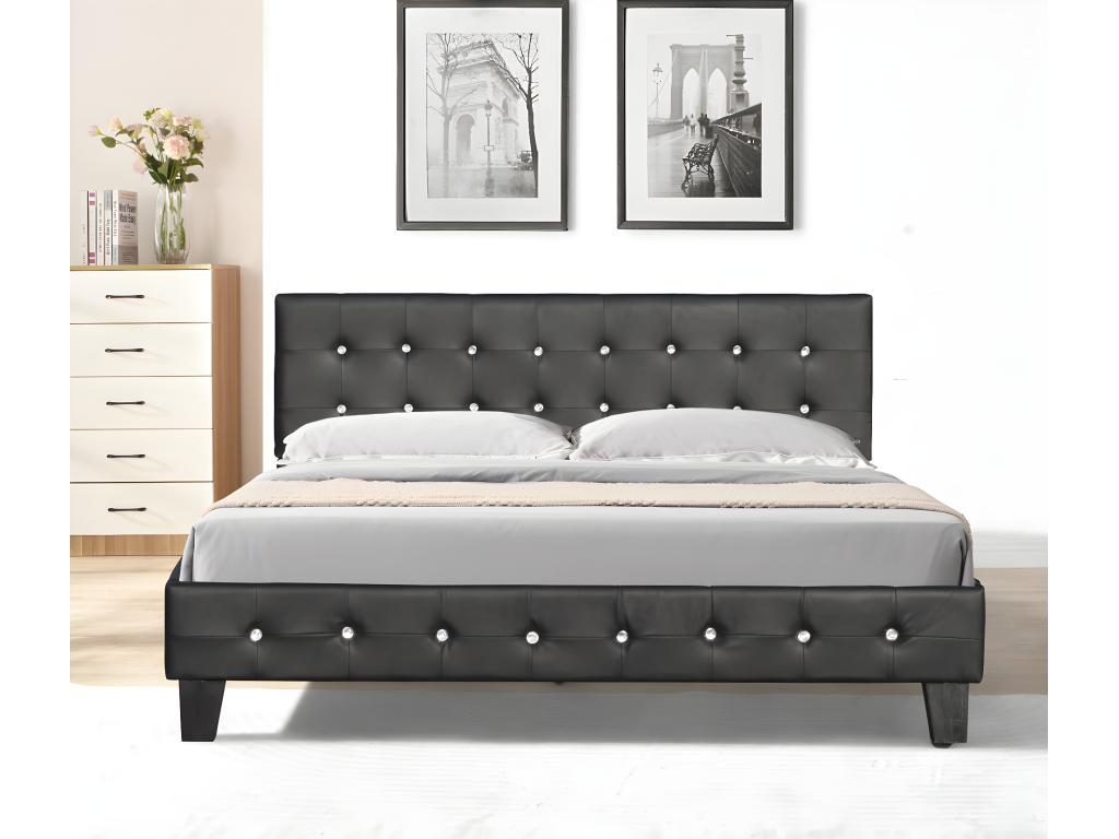 180x200 cm bed with slatted base, black upholstered headboard, 10 cm legs, 13 Lumenao XGJV77692