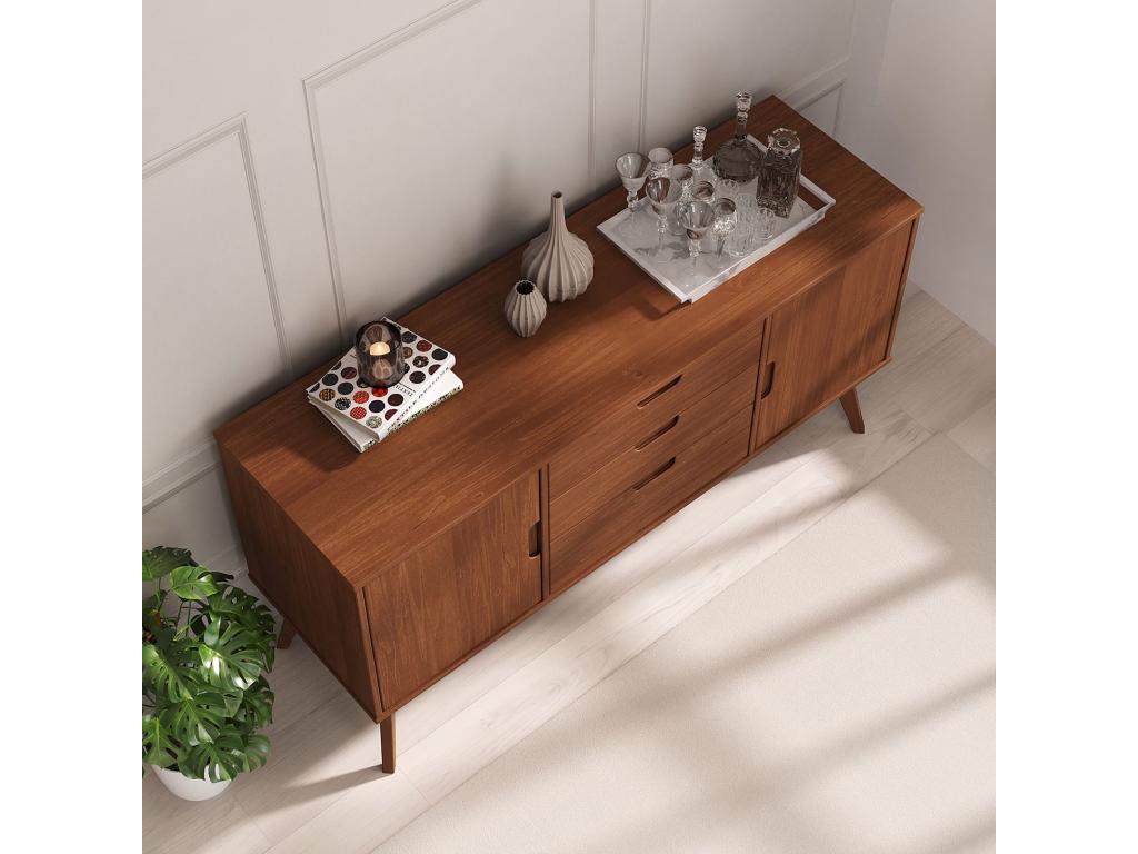 Lumenao dining room sideboard, 145 cm wide, in dark brown solid wood with 3 drawers and 2 hinged doors TSUT06496