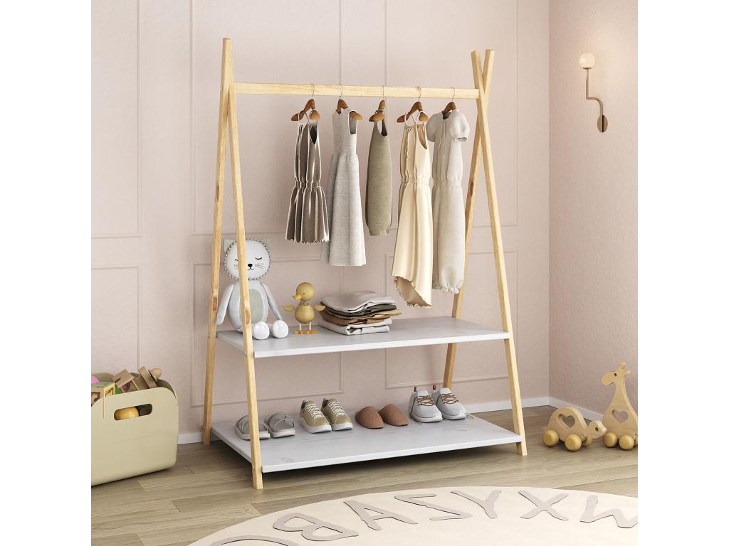 Lumenao children's wardrobe with clothes rail and two designer shelves in solid wood, natural/white color VEEH95501